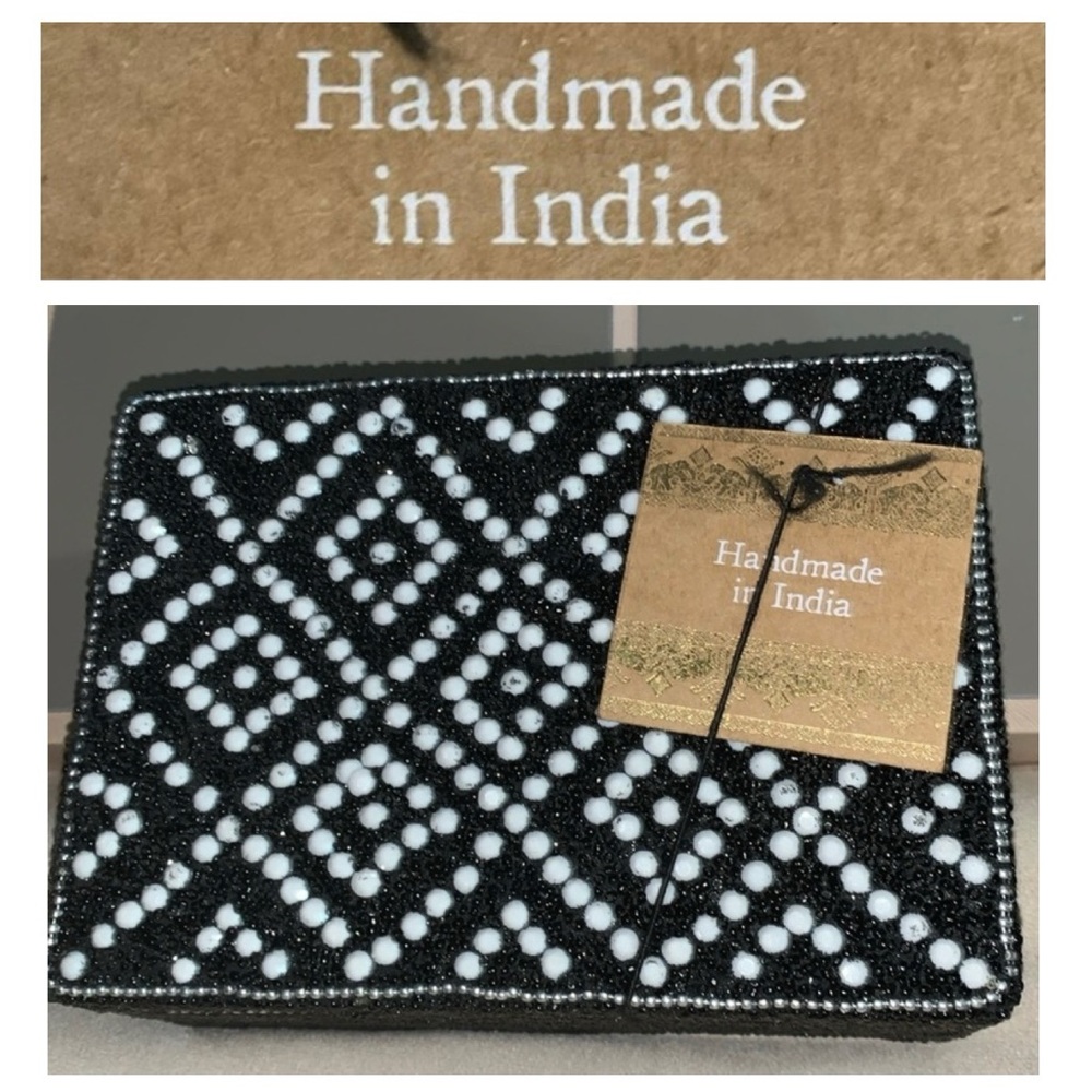 🌺 HANDMADE in INDIA Black White Beaded Jewelry Box NWT
